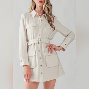 ZARA Gold Button Utility Belted Shirt Dress Ivory Cream Butter White Large